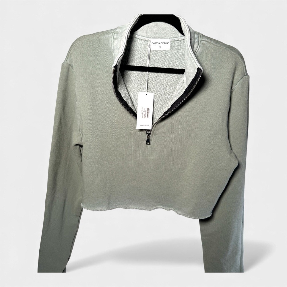 COTTON CITIZEN Cropped Quarter Zip Sweatshirt Light Sage Green Raw Hem Size‎ S